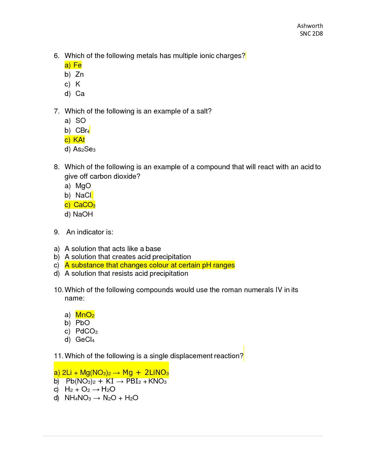 chemistry unit 5 test answers