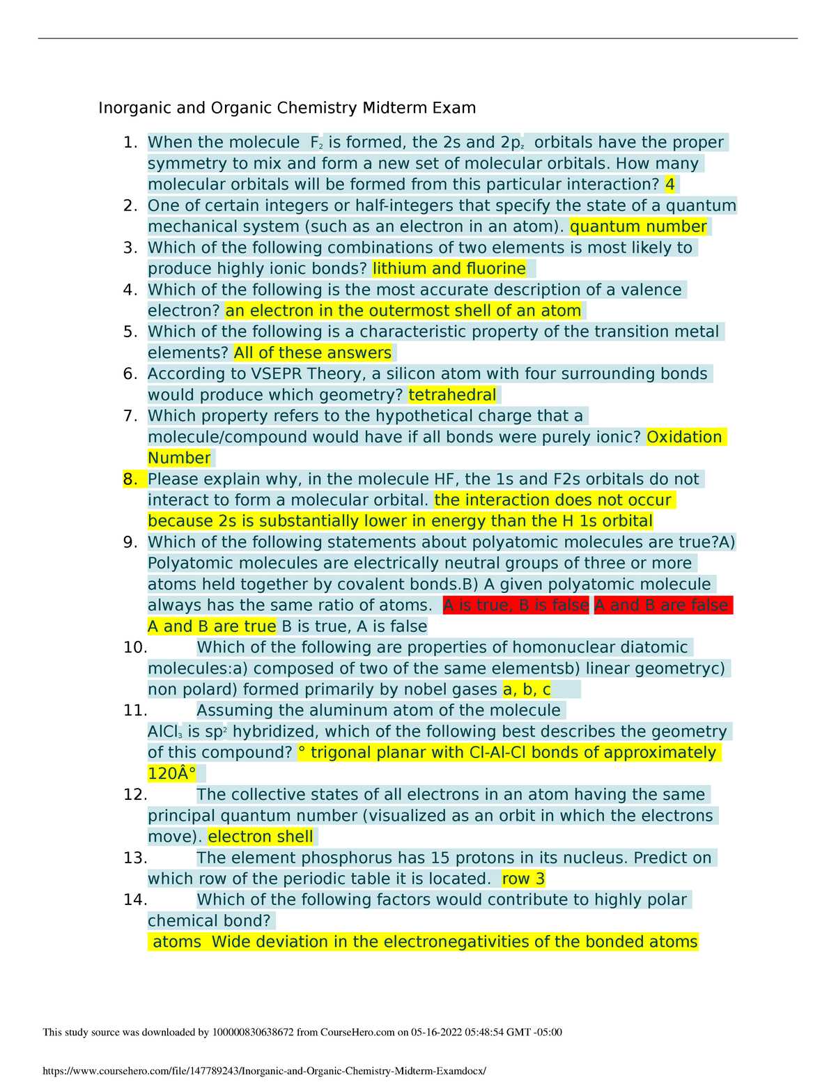 chemistry midterm review answers