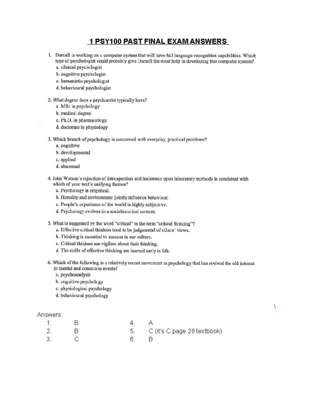 psychology 150 final exam answers