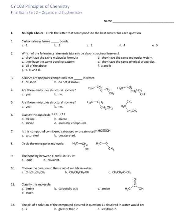 general chemistry final exam with answers