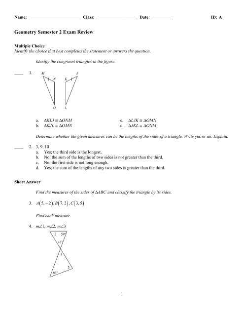 geometry second semester final exam answer key