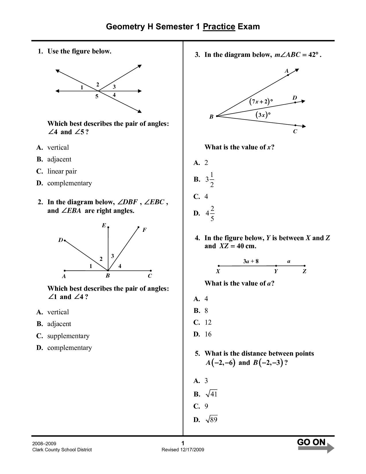 geometry semester 2 practice exam answers