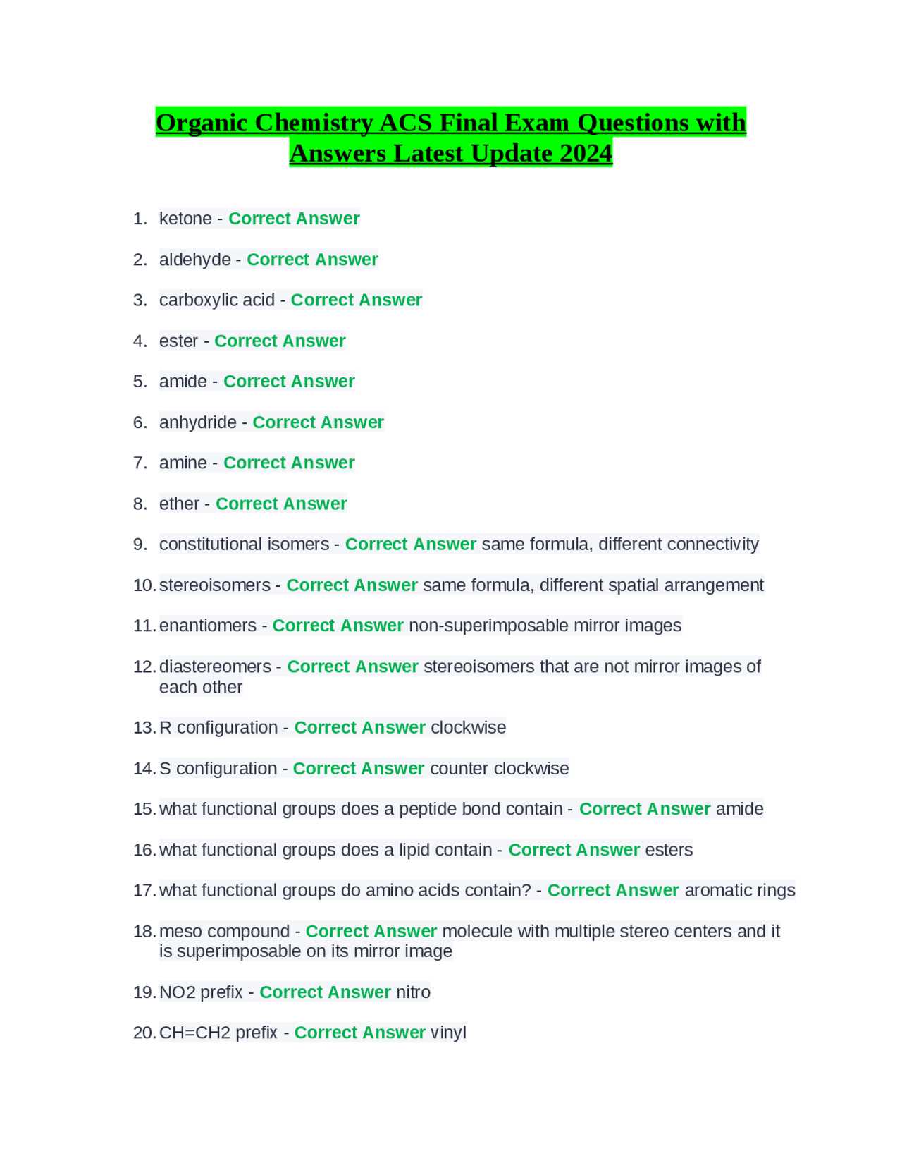 acs organic chemistry exam answer key