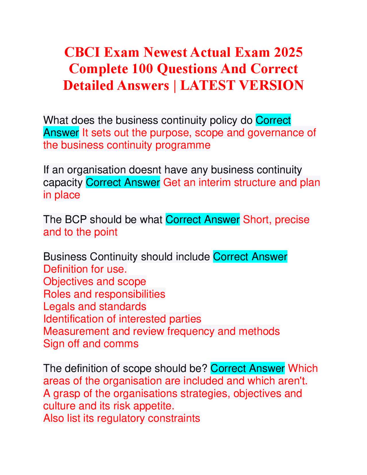 business continuity management exam questions and answers