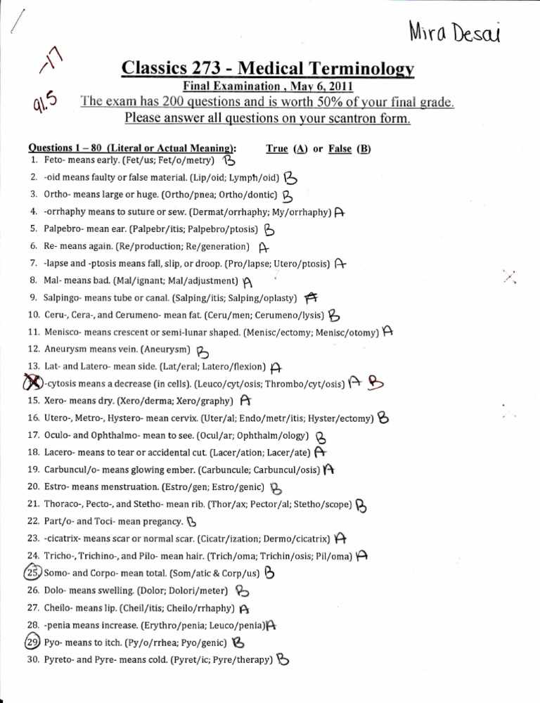 medical terminology final exam questions and answers