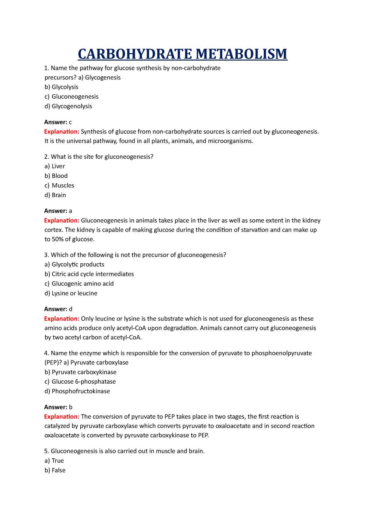 metabolism exam questions and answers