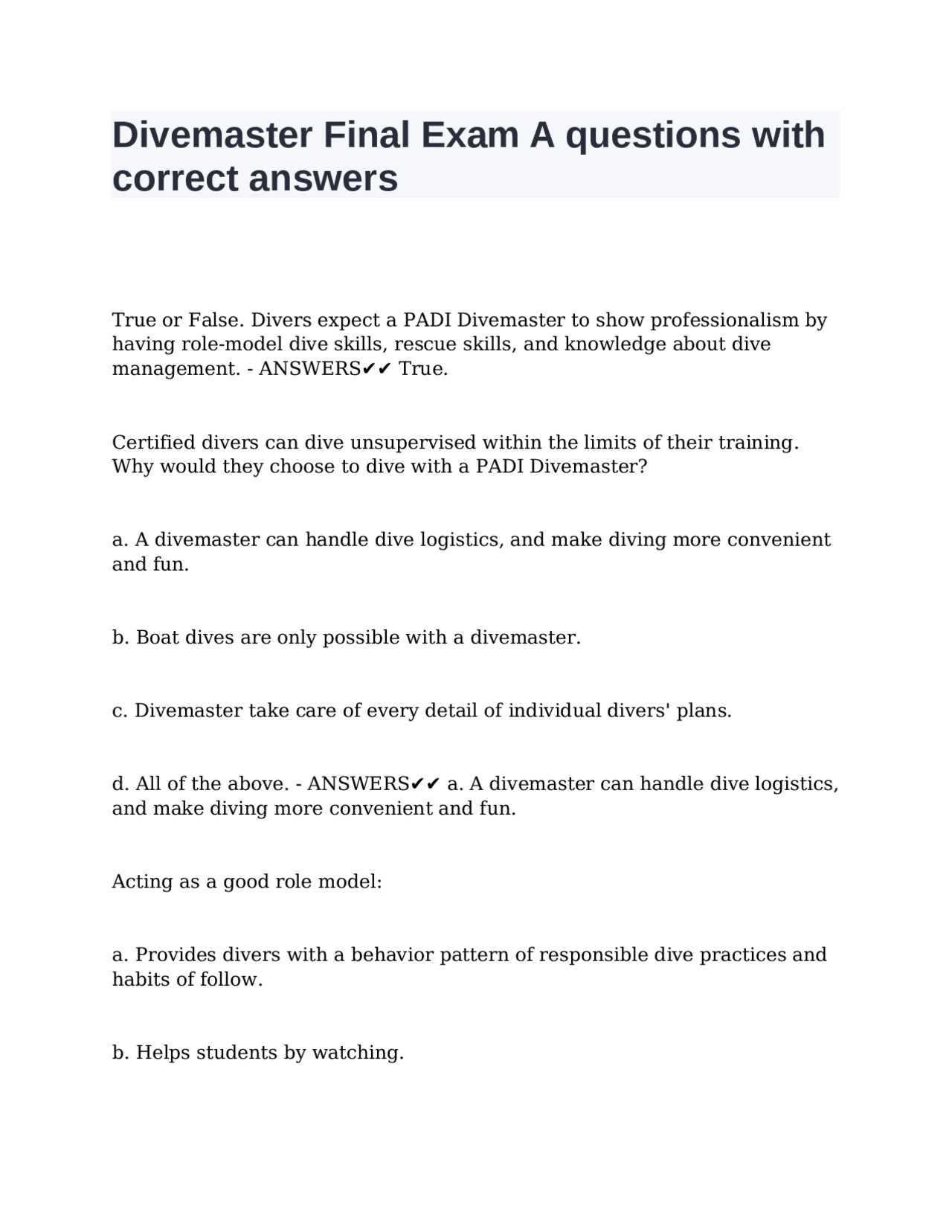 padi rescue diver final exam answer key