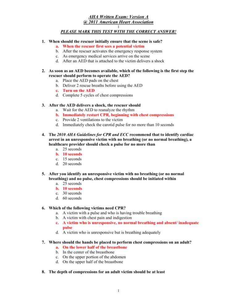 basic life support exam a answers american heart association