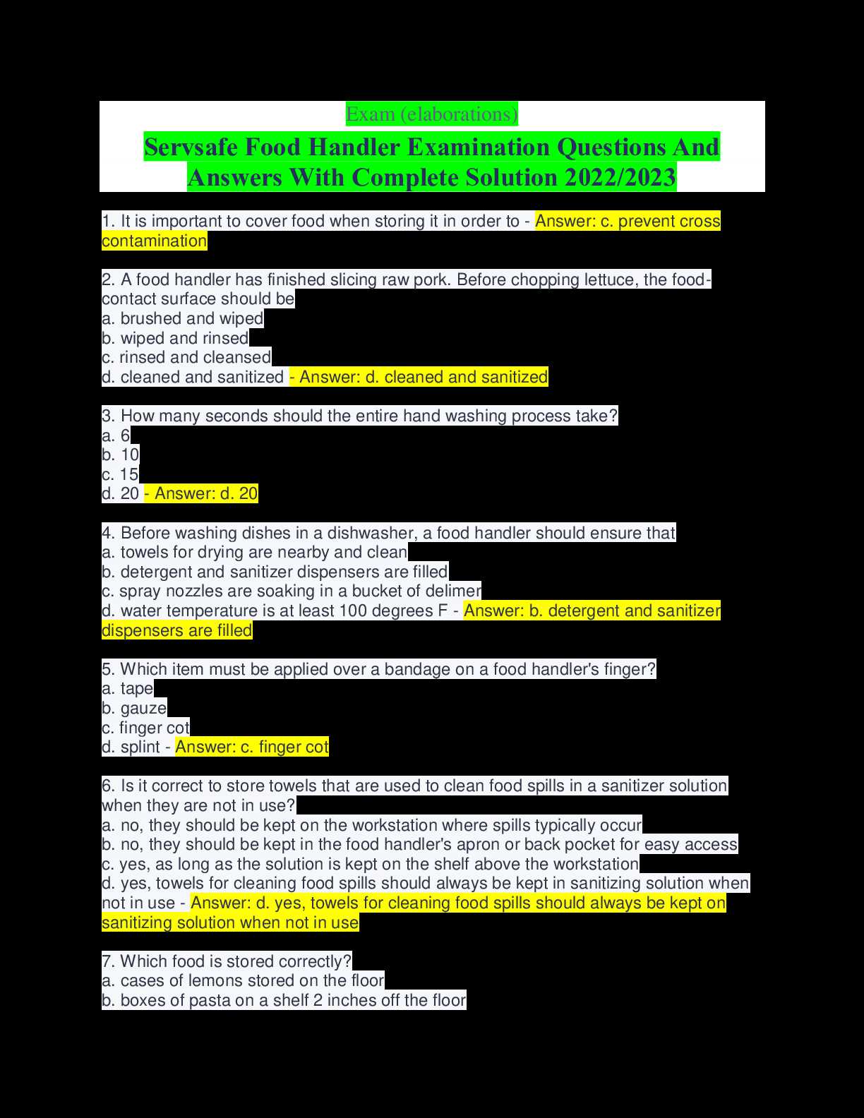 food safety test answers