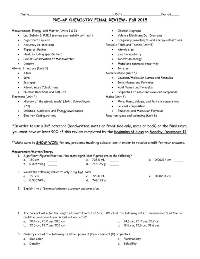 chemistry final exam review worksheet answers