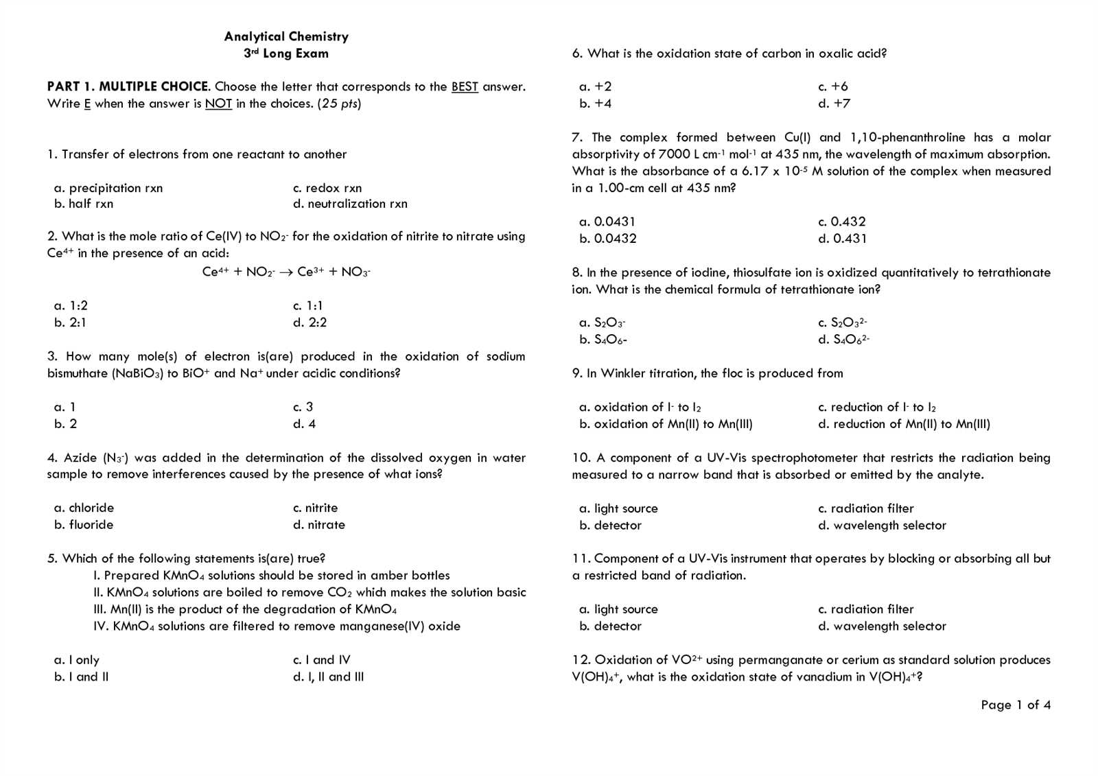 analytical chemistry exam questions and answers