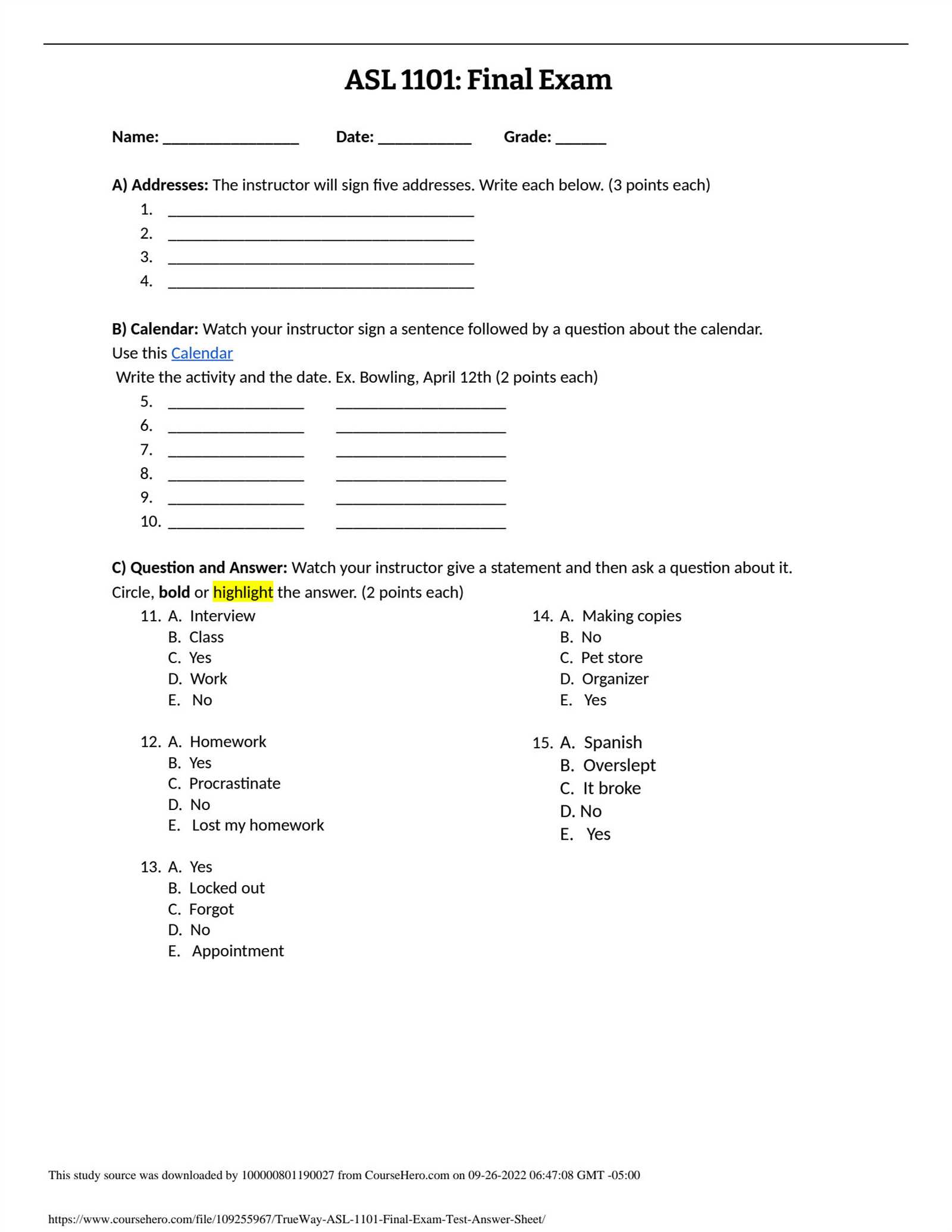 spanish 101 final exam answers