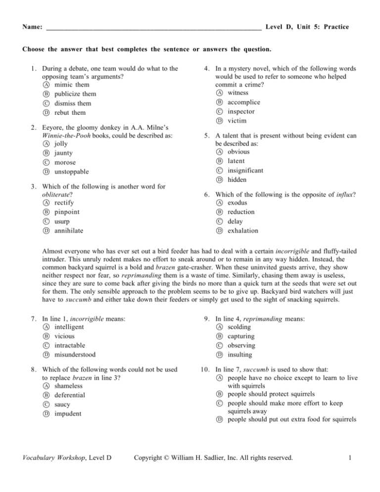 unit 4 vocab level d answers