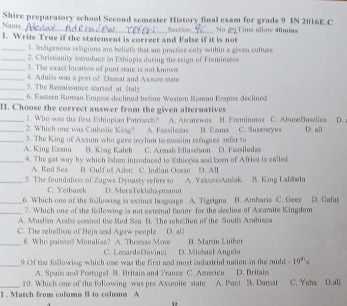 us history first semester final exam answers