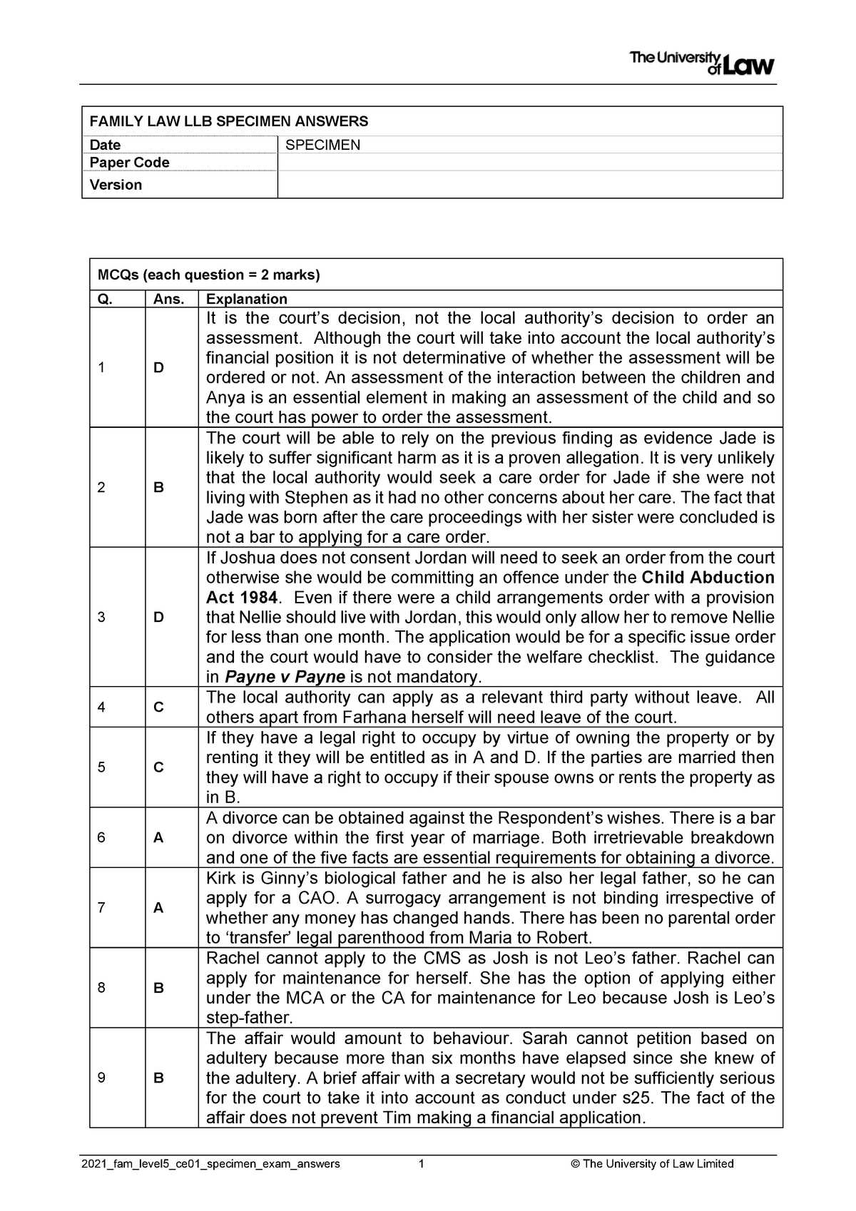 family law exam answers