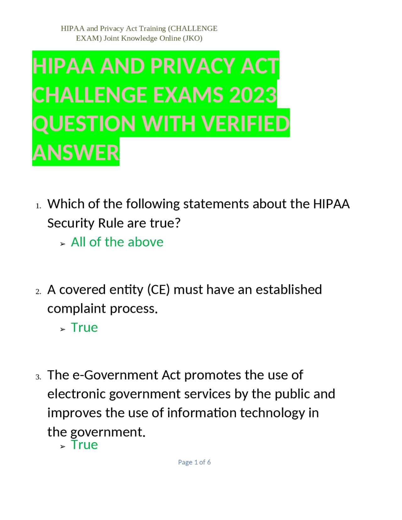 hipaa jko challenge exam answers