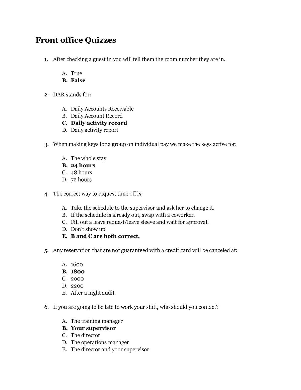 hotel front office exam questions and answers