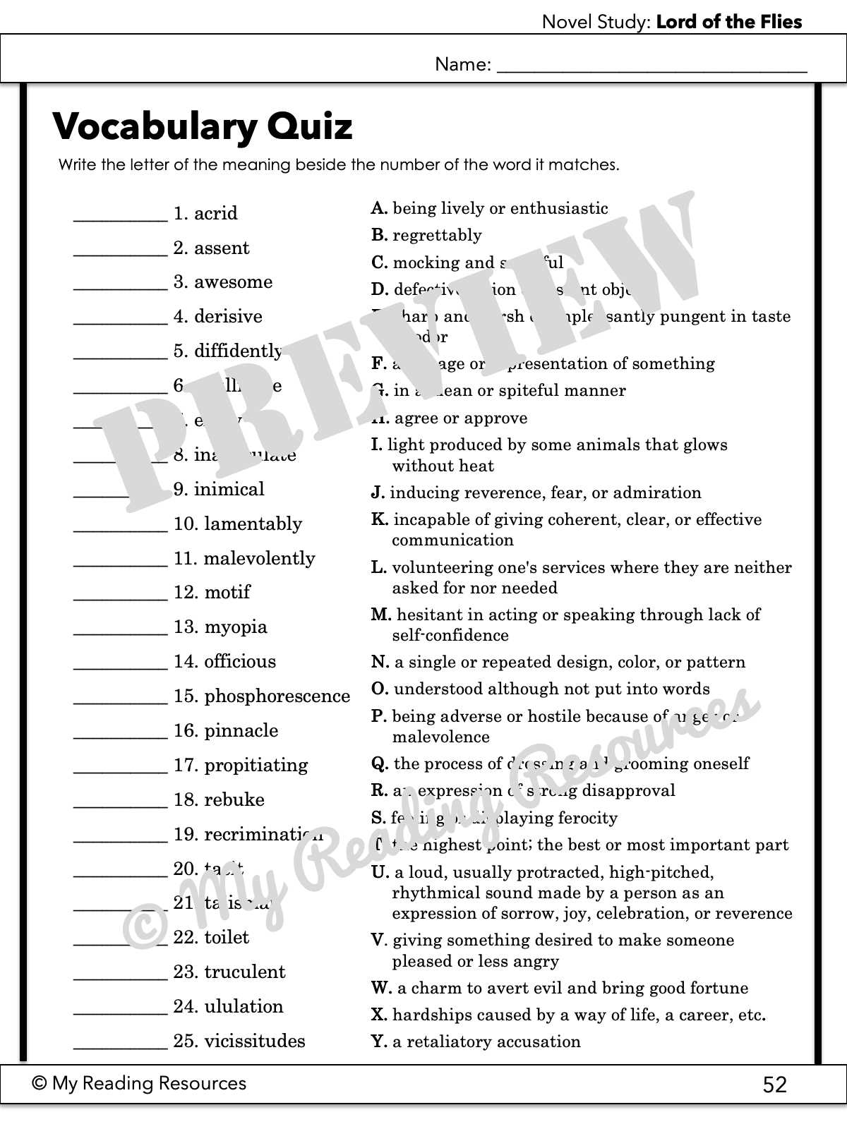 lord of the flies test and answer key