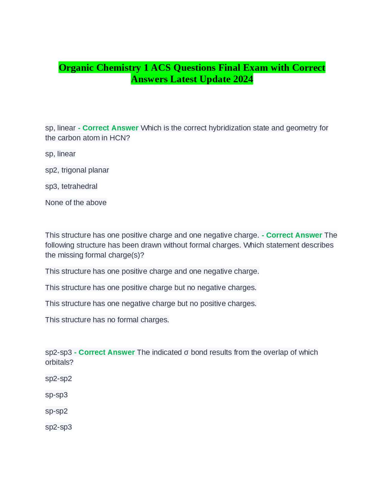 organic chemistry 1 final exam with answers