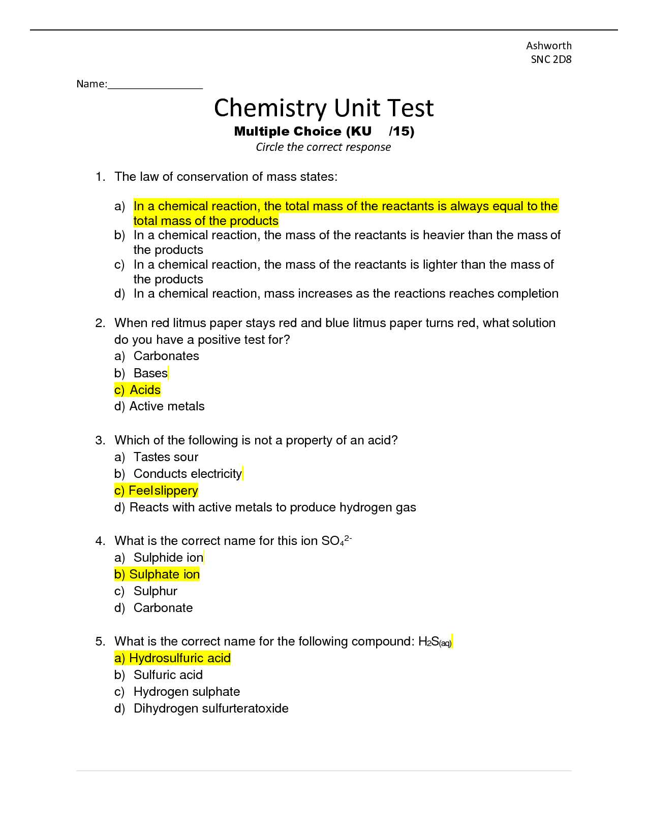 chemistry unit 3 test answers