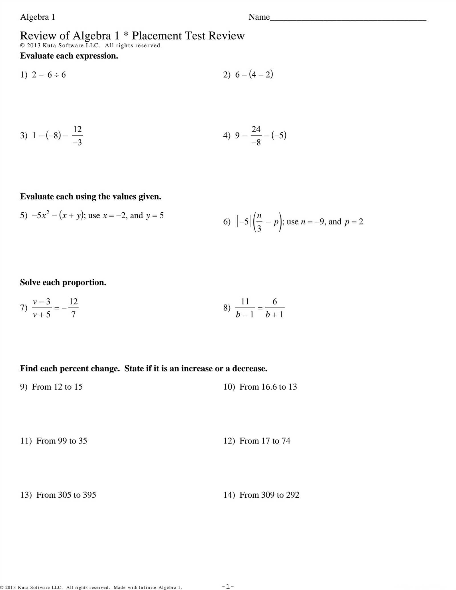 algebra 2 placement test answers