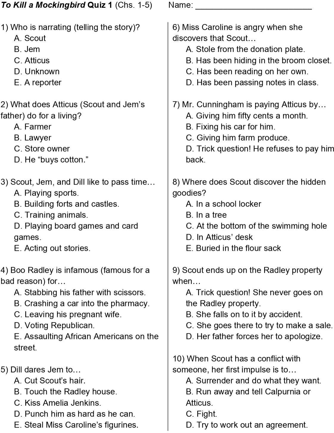 to kill a mockingbird discussion questions answer key