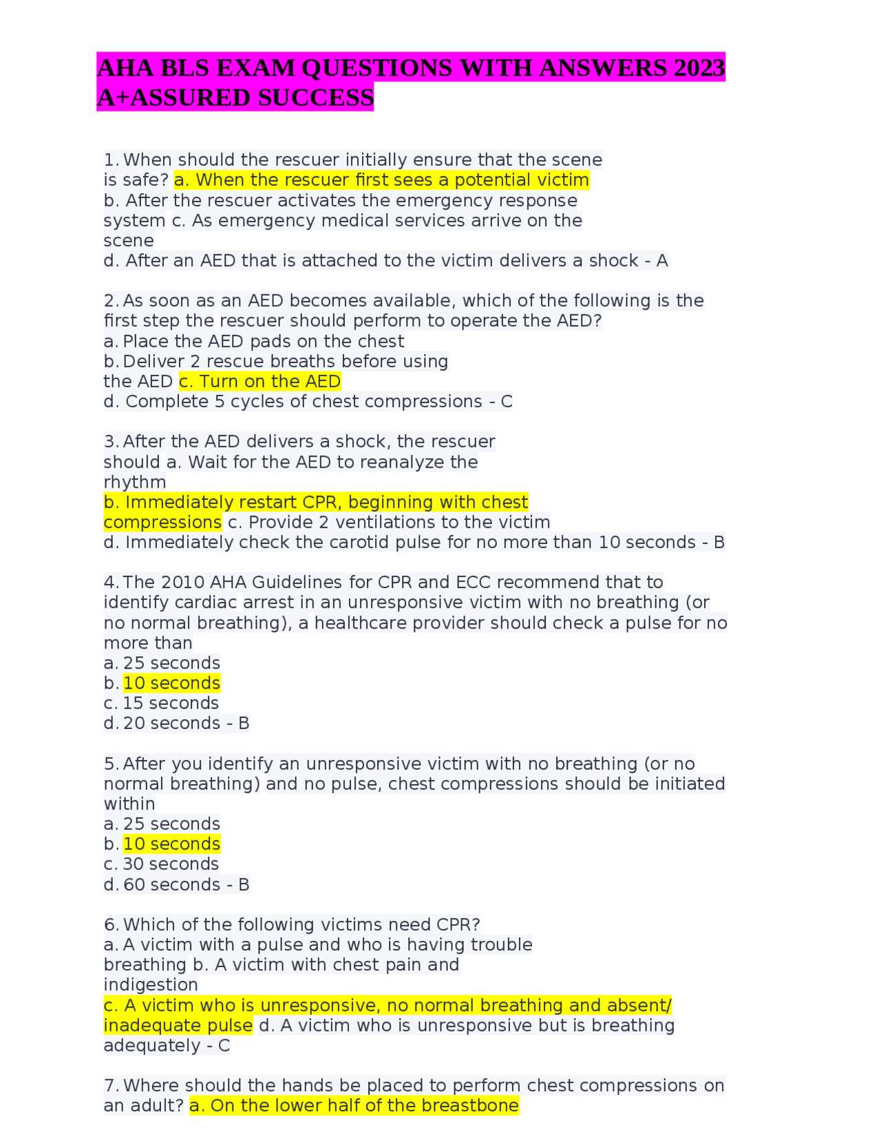 basic life support exam c answer key