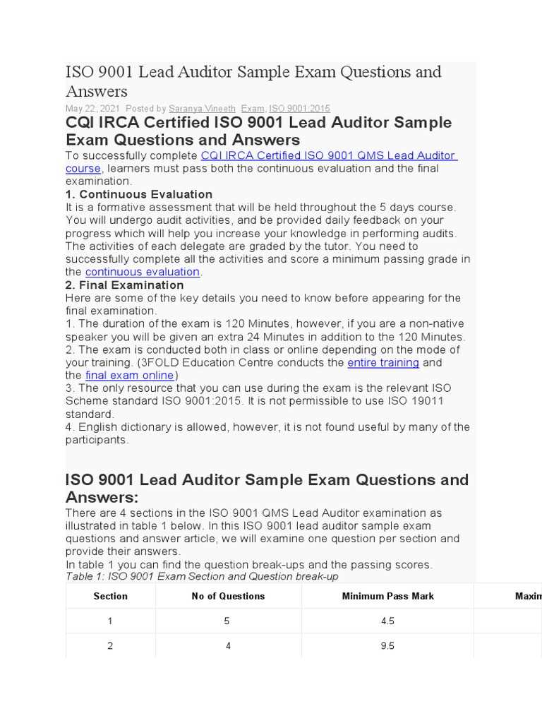 iso 9001 lead auditor sample exam questions and answers