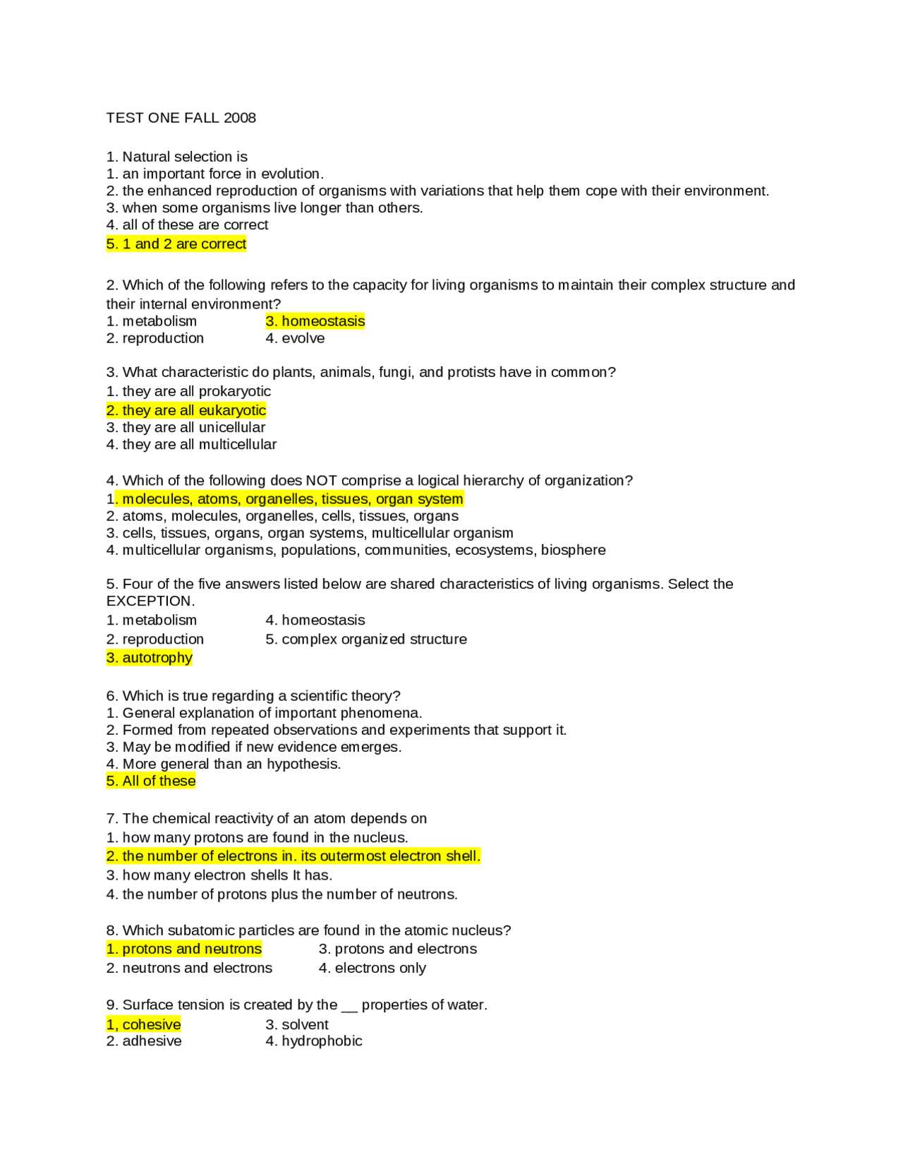 biology unit 1 test answers