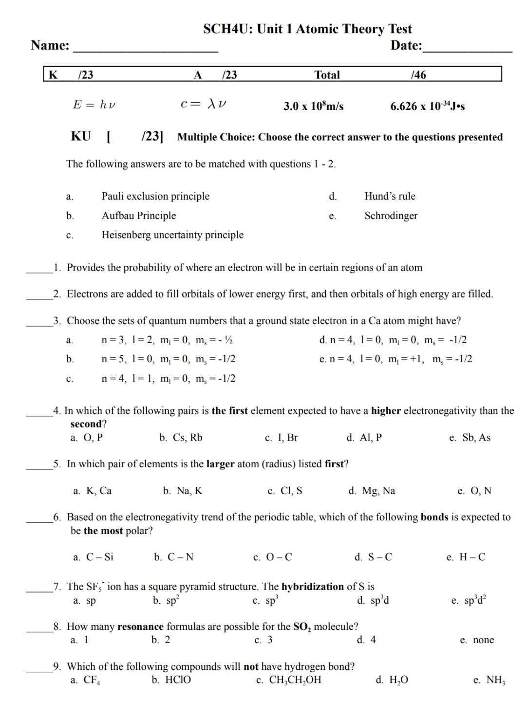 atomic theory exam answers