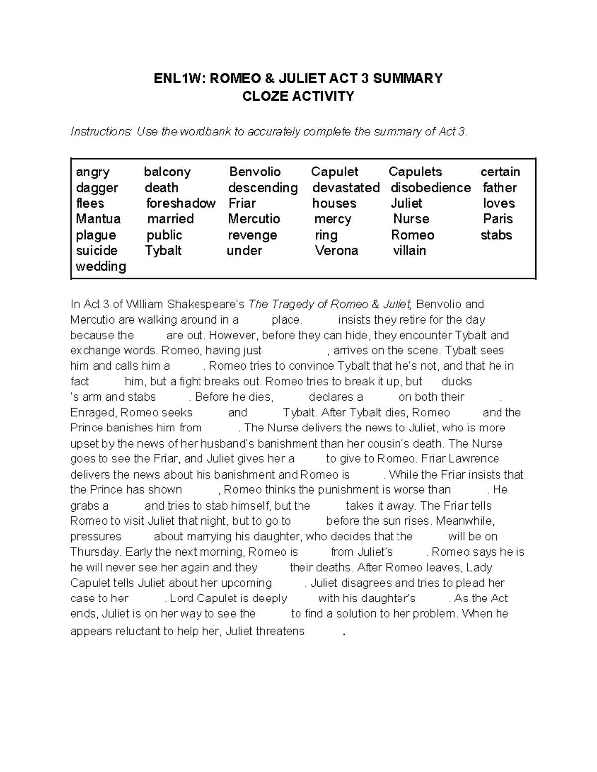 the tragedy of romeo and juliet act 3 worksheet answers