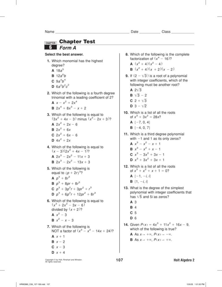 algebra chapter 6 test answers