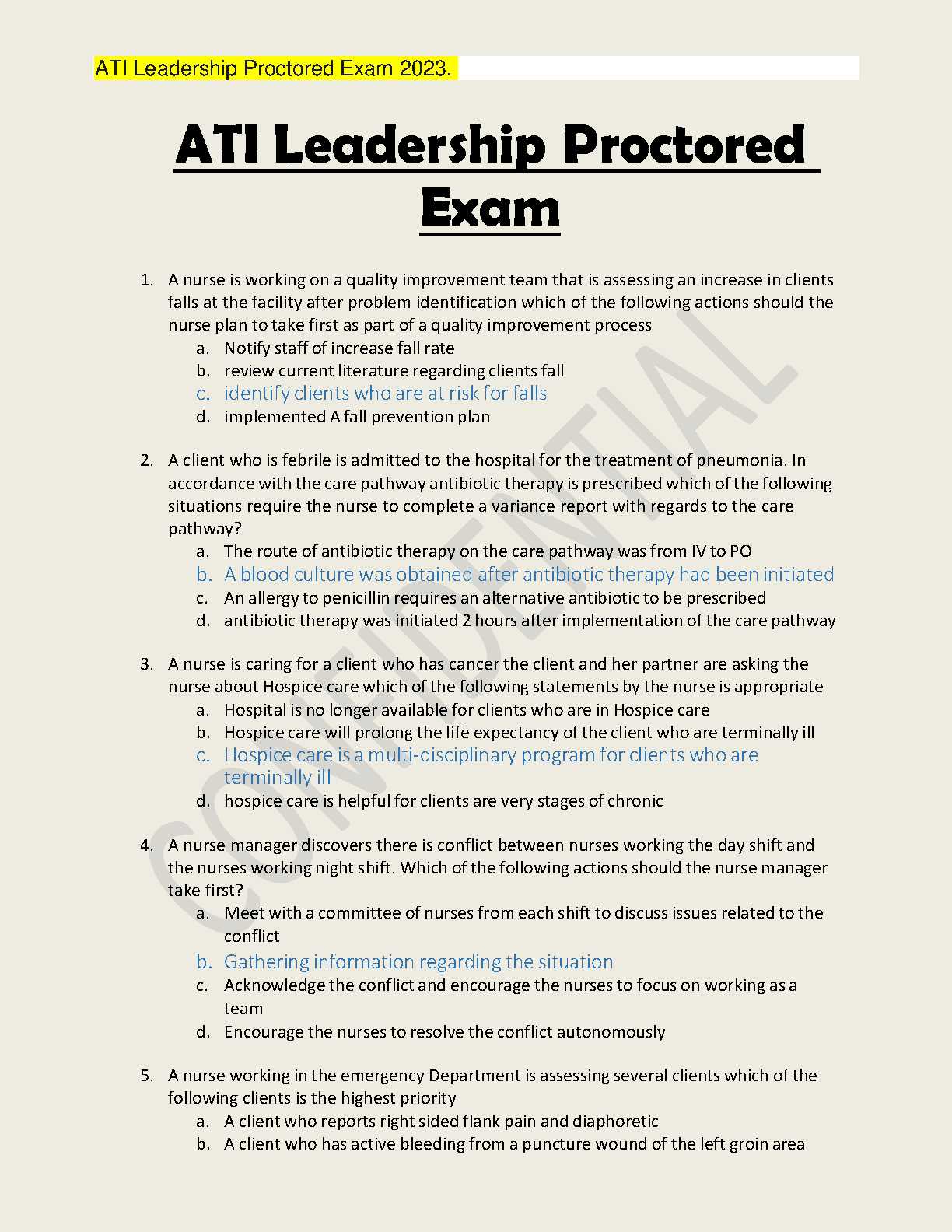 ati leadership and management proctored exam answers