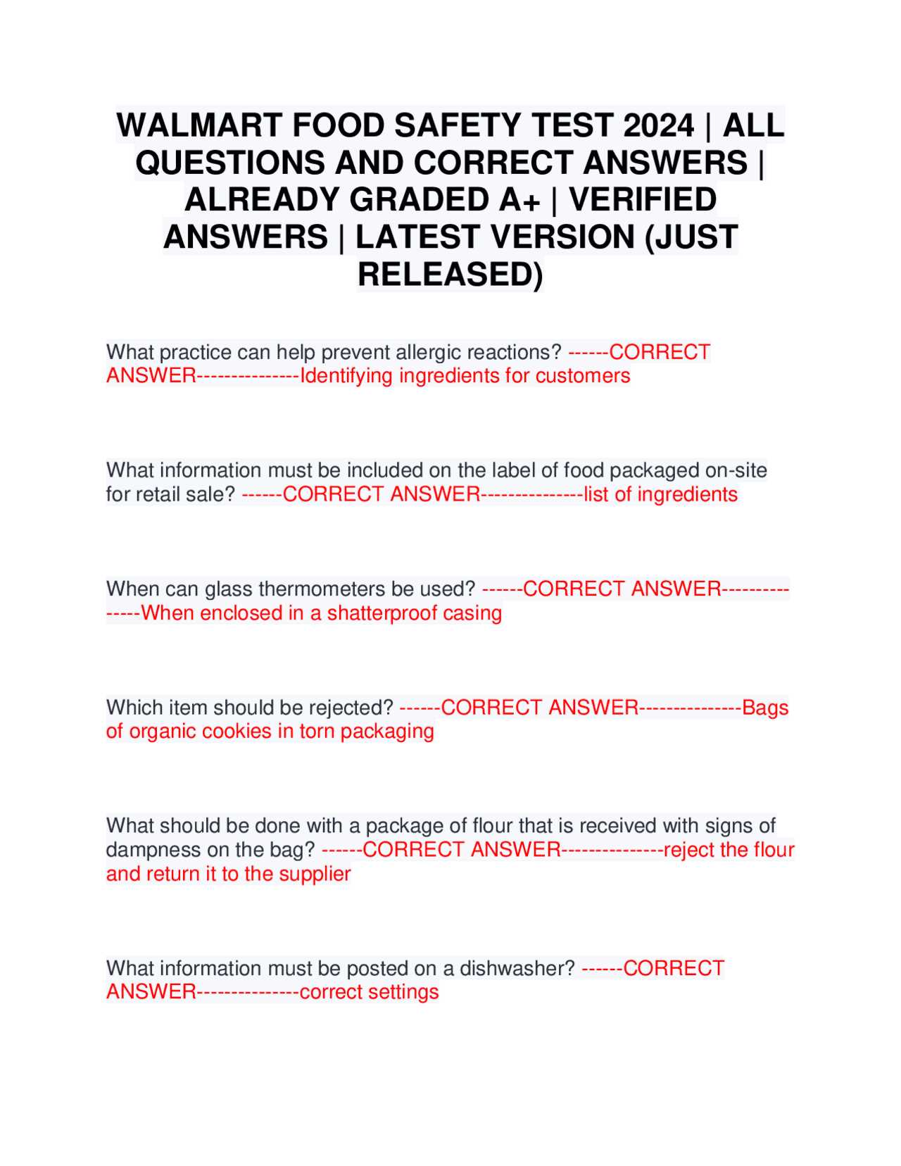 food safety test answers