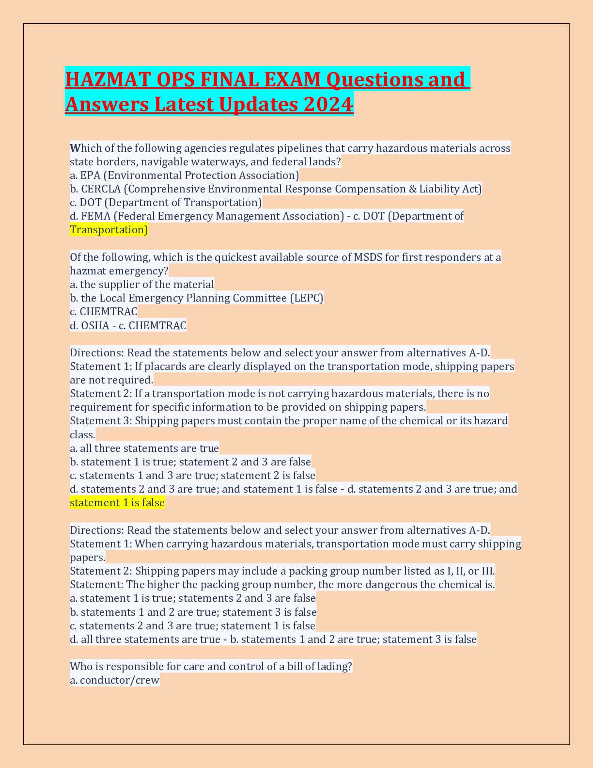 hazmat final exam answers