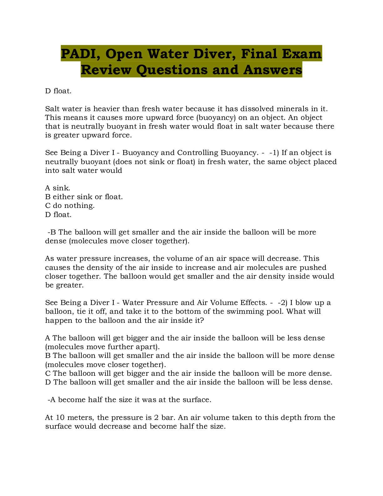 naui open water exam questions and answers