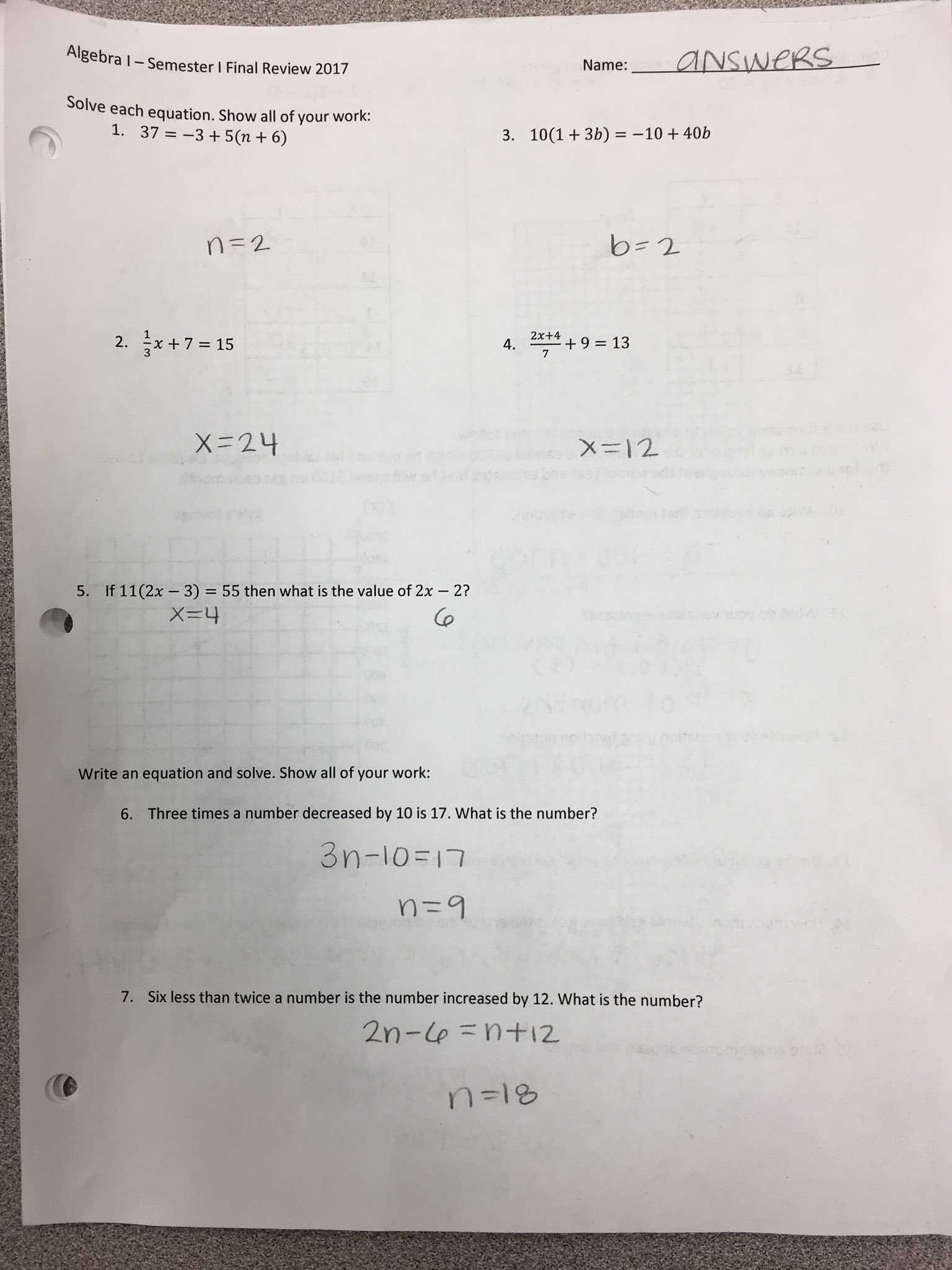 algebra 2 semester 1 final exam answers