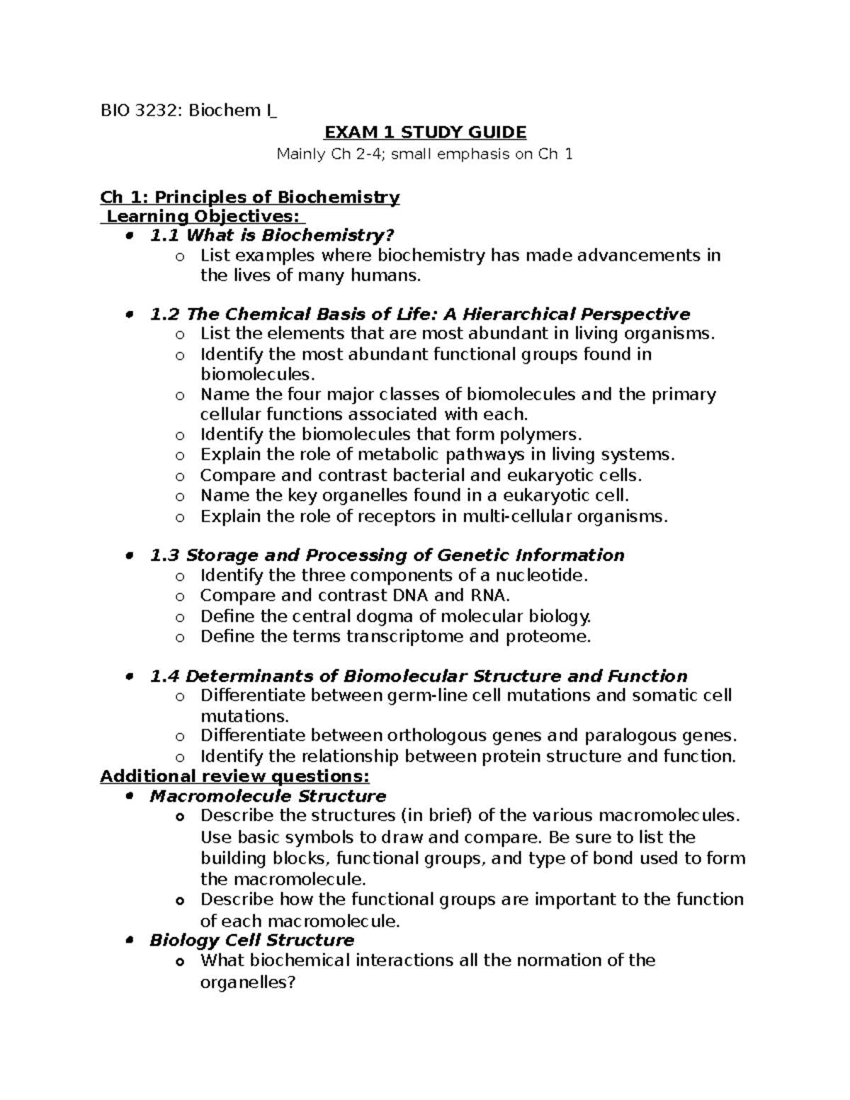 biochemistry exam 1 questions and answers