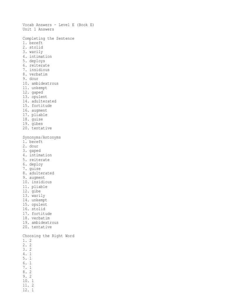 level e unit 5 vocab answers