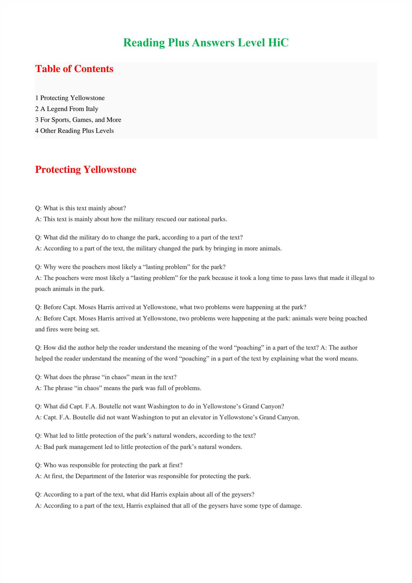 level h answers reading plus