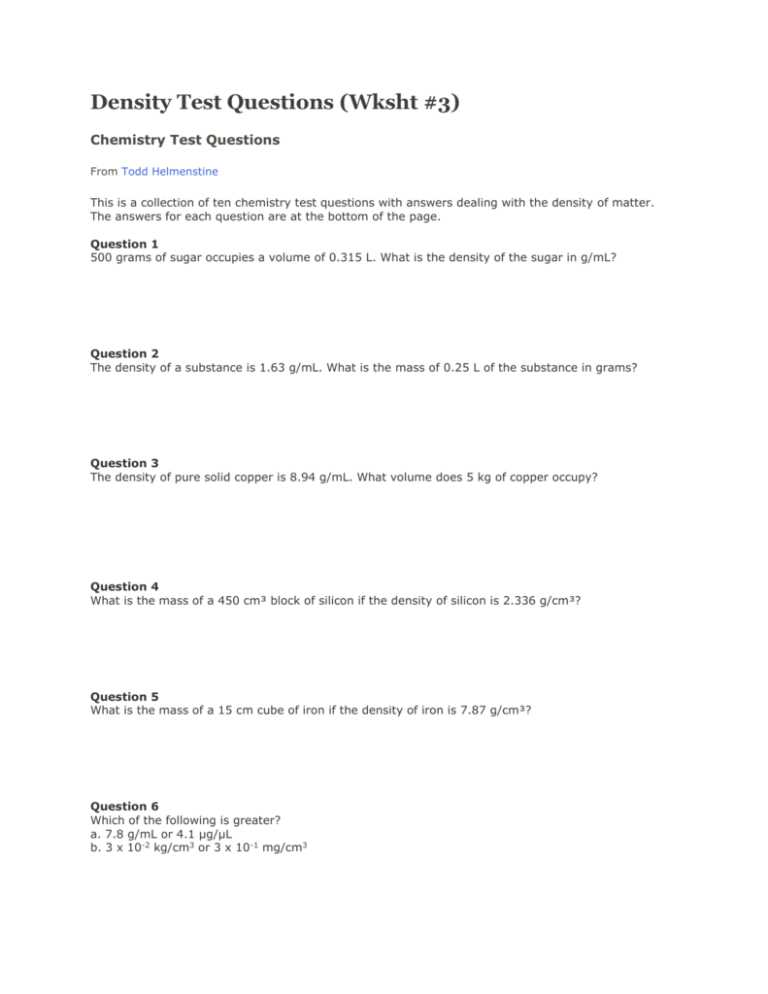 density exam questions and answers