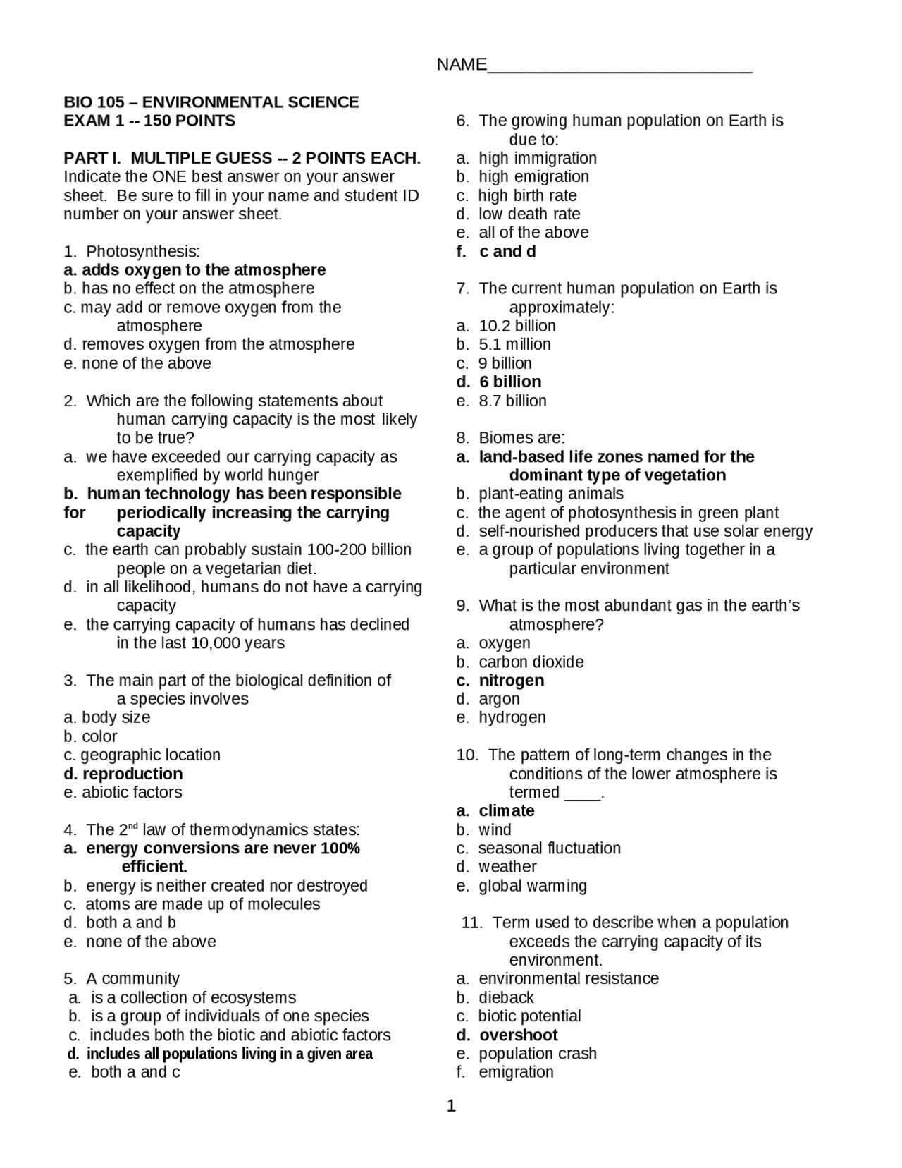 living environment final exam answers