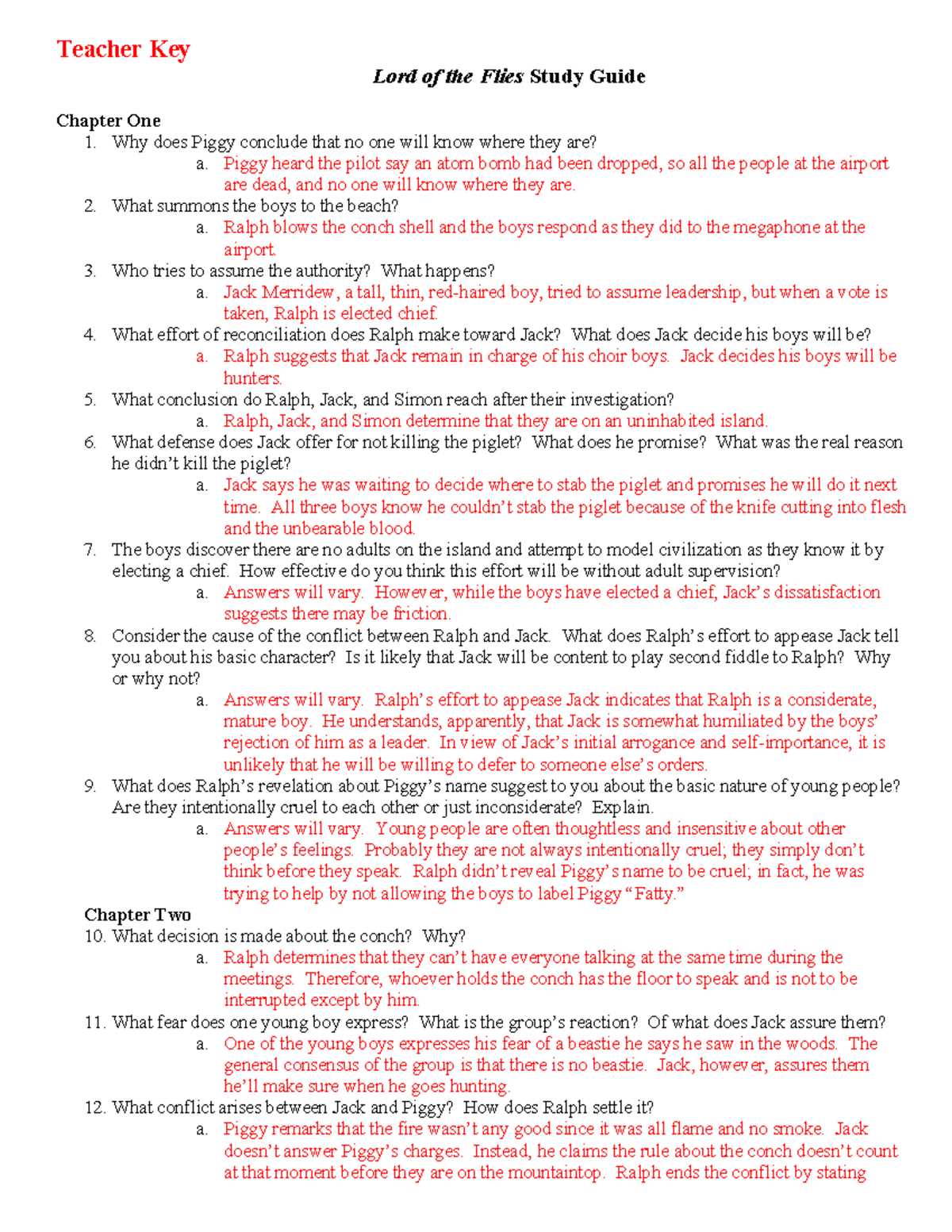 lord of the flies test answer key