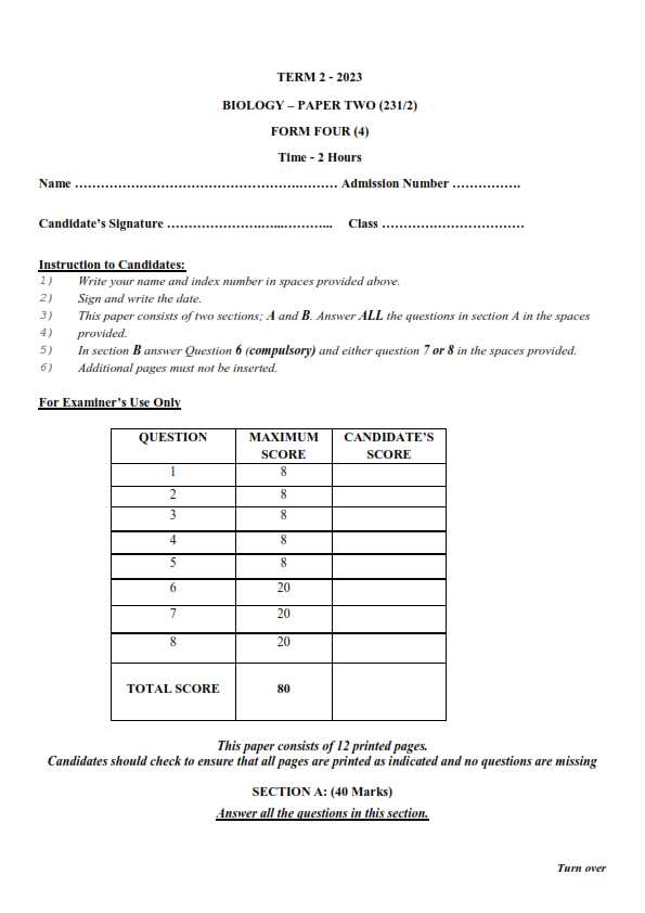 biology form 4 exam questions and answers