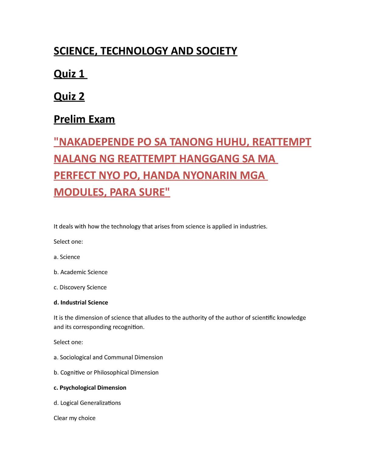 science technology and society exam answer key