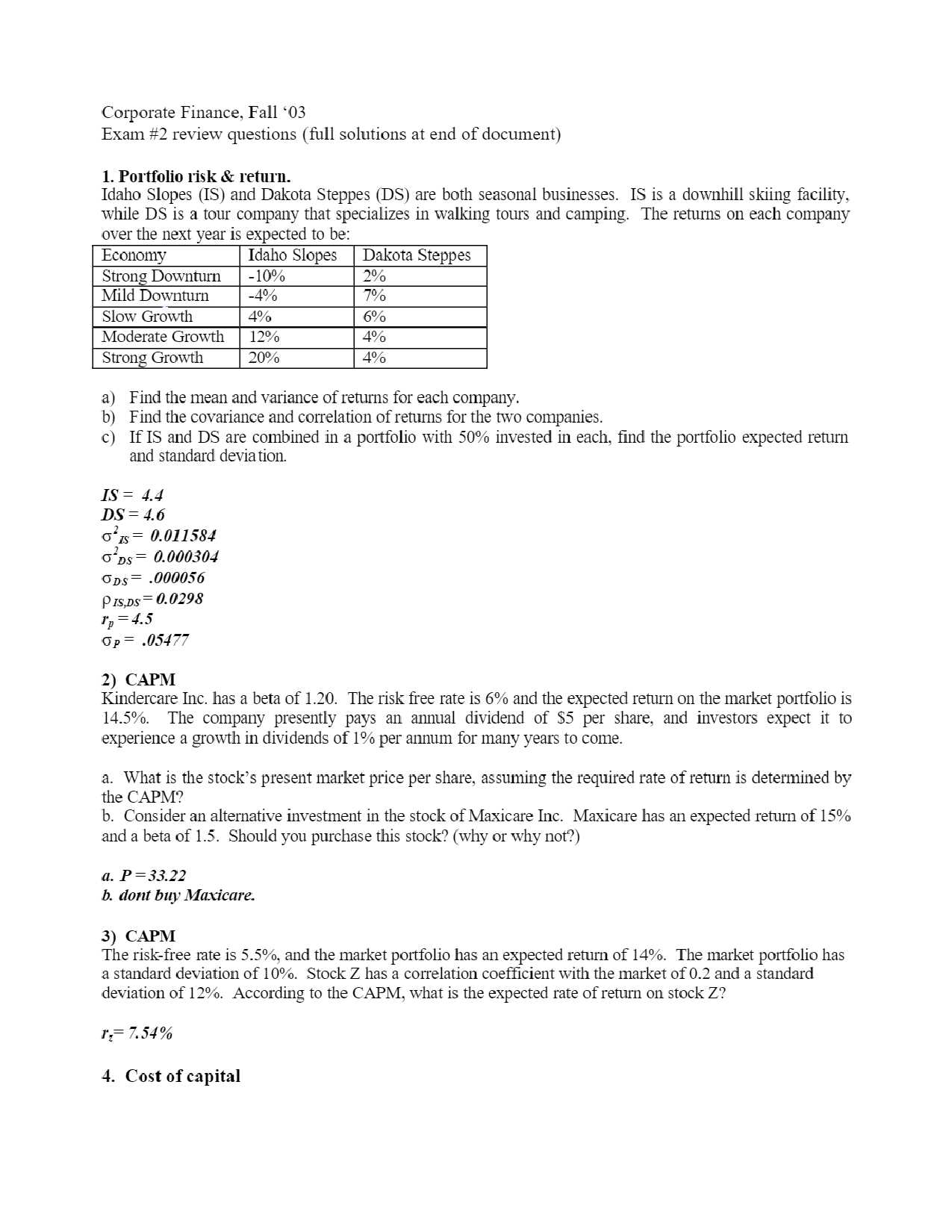 mba corporate finance exam questions and answers