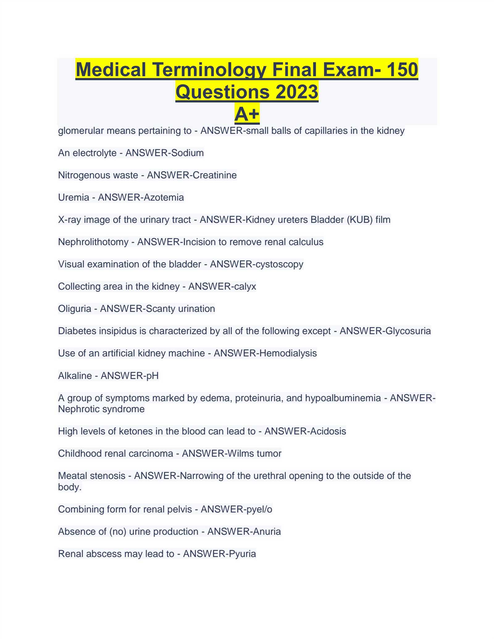 medical terminology final exam review answer key