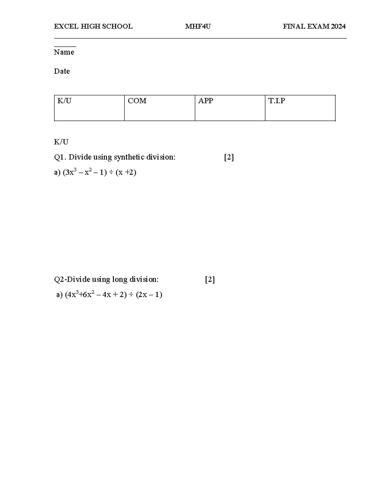 mhf4u final exam with answers