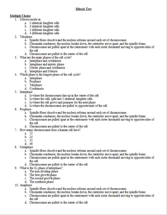 mitosis exam questions and answers