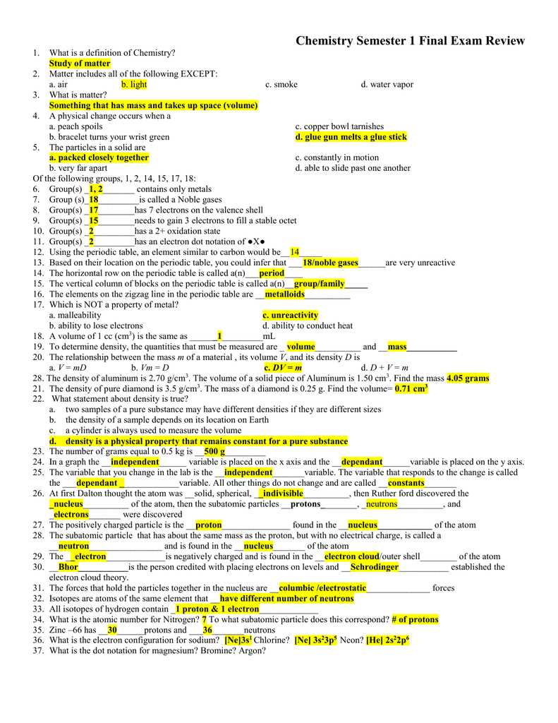 chemistry final exam review worksheet answers